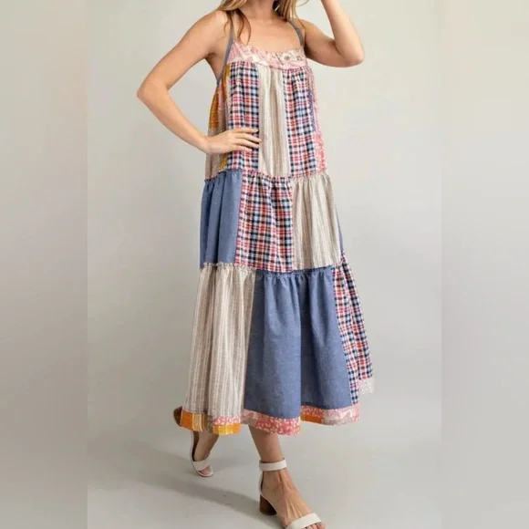 NWT Easel Boho Patchwork Maxi Dress Size M Linen Cotton Adjustable Festivals - Picture 2 of 15
